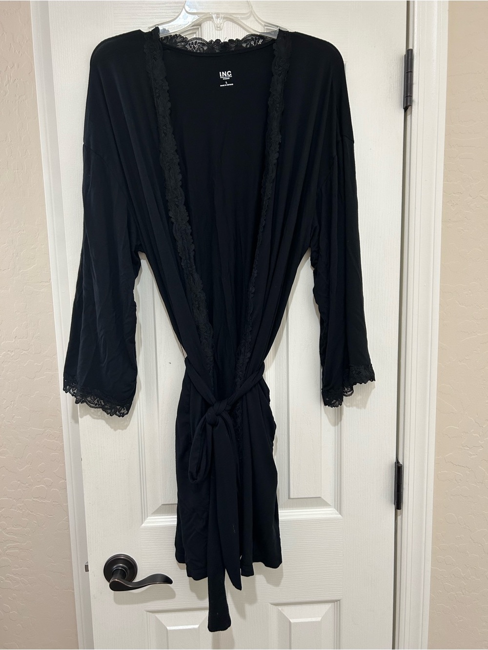 INC International Concepts Black Lace-Trim Kimono Robe